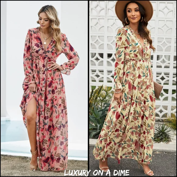 Retro Mix Floral Long Sleeve Ruffle Tiered Flowing V-neck Long Maxi Dress - Picture 10 of 10